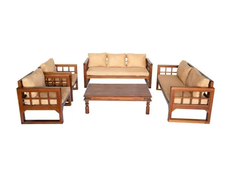 Grid Wooden Single Seater Sofa - Beige for rent