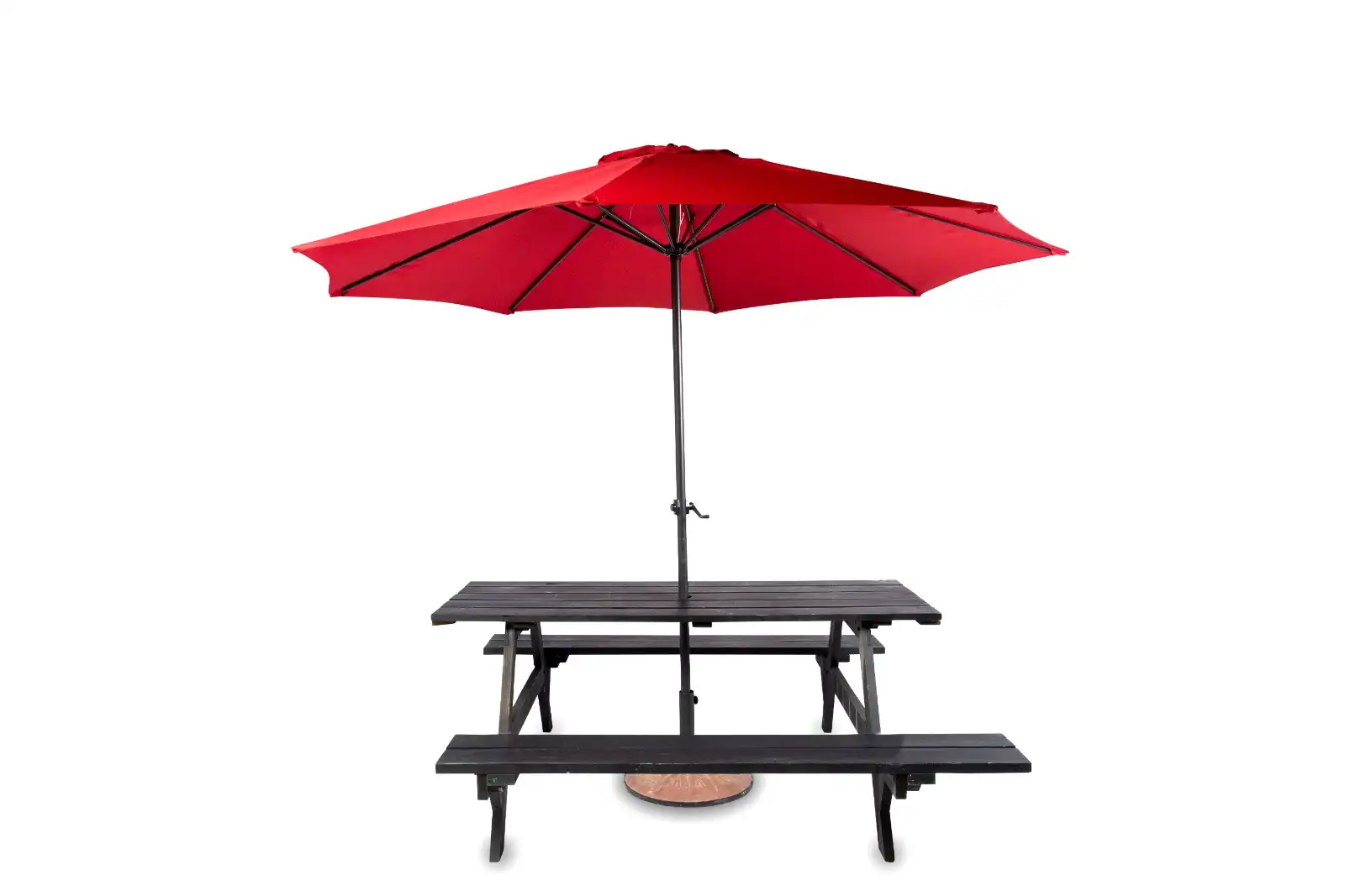 Black Picnic Table with Red Umbrella