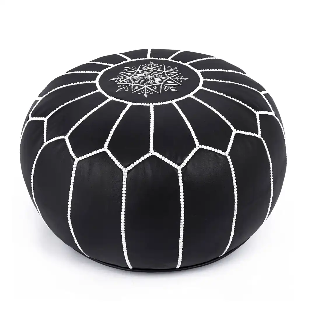 Moroccan Leather Pouf - Tile Black for rent