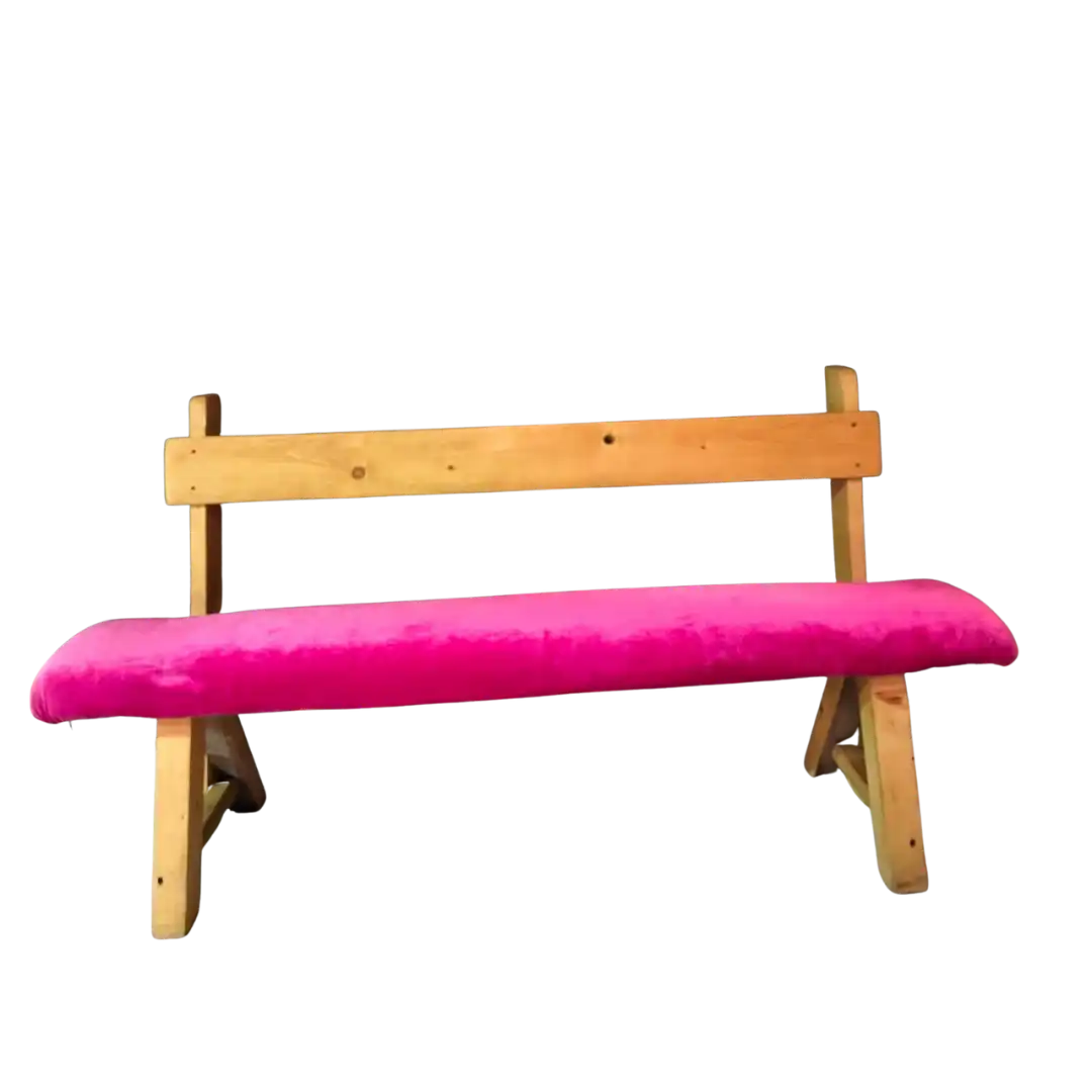 Classic Solid Oak Bench with Pink Cushion for rent