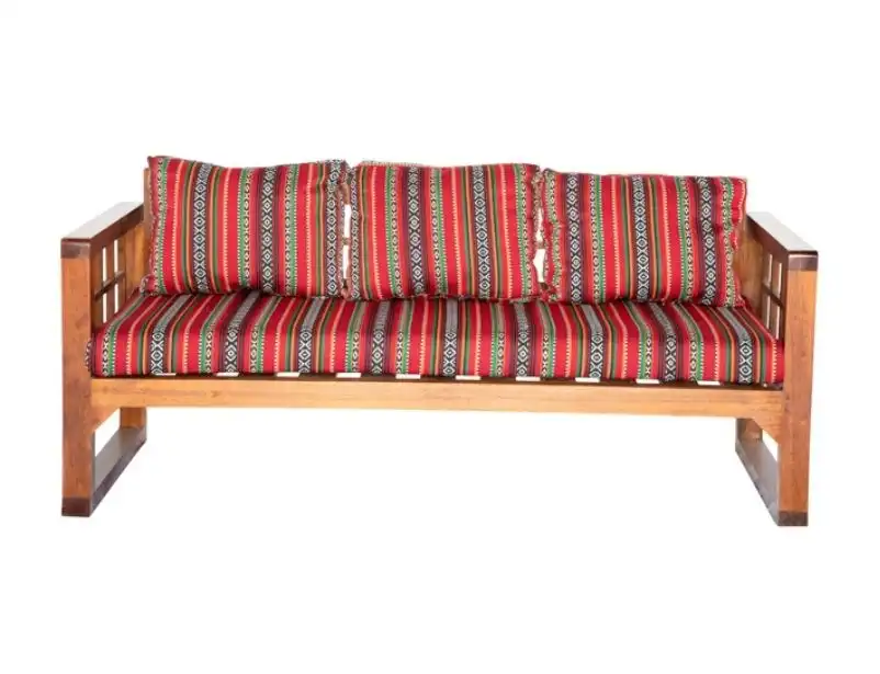 Wooden Grid Three Seater Sofa - Saddu Red for rent