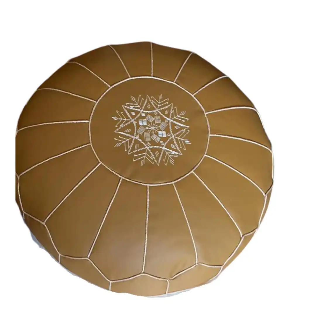 Moroccan Leather Pouf - Mustard