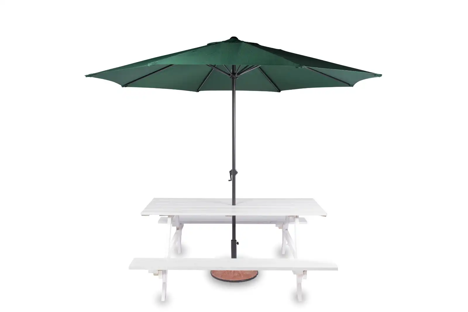 White Picnic Table with Green Umbrella