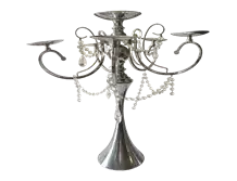 Candelabra Centerpiece with Hanging Crystals - Silver
